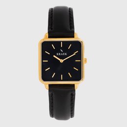 Gold and black square watch with a black leather strap.