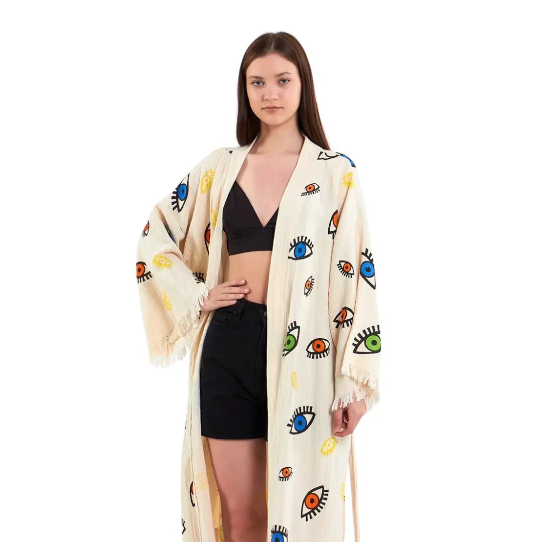 Evil Eye Bathrobe-Shawl Neck-White