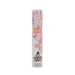 Natural lip gloss in a pink and white floral pattern packaging. Provides a sheer, glossy finish for the lips.