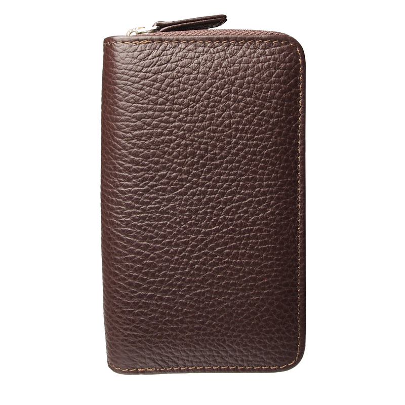 8 Credit Card Dual-Zip kiezelstenen lederen portemonnee bruin