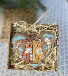 Textile ornament Vanilla and cocoa scented "Coffee heart with cats"