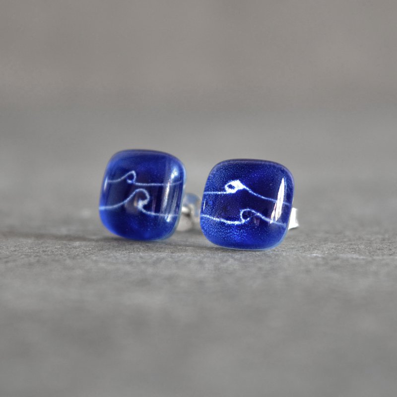 Oceaangolfoorknopjes in kobaltblauw, glas en sterling zilver 925