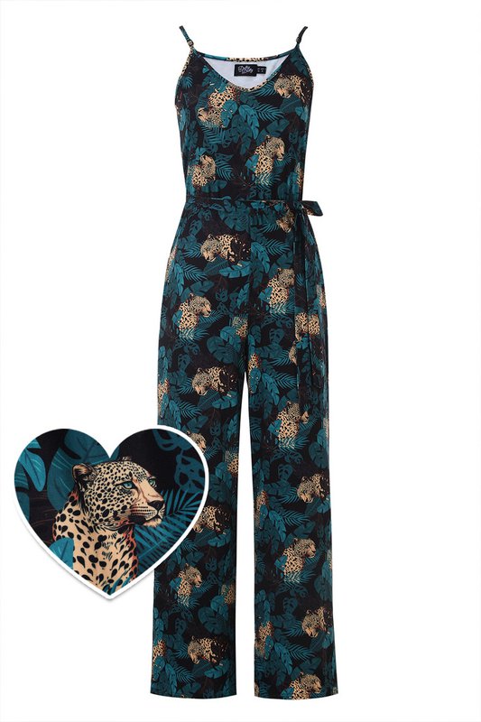 EU STOCK Brigitte Brown Cheetah & Palm Leaves Print Strappy Jumpsuit
