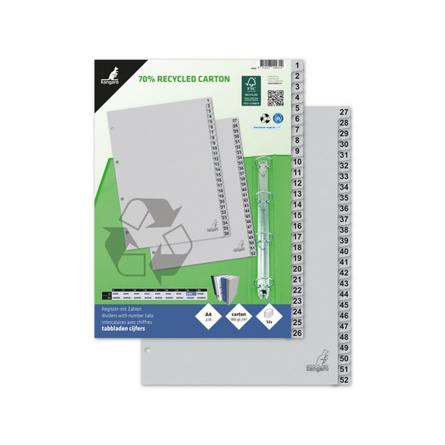 Onglet ECO Kangaro A4 chiffres 180gr carton gris 4r 52pcs FSC