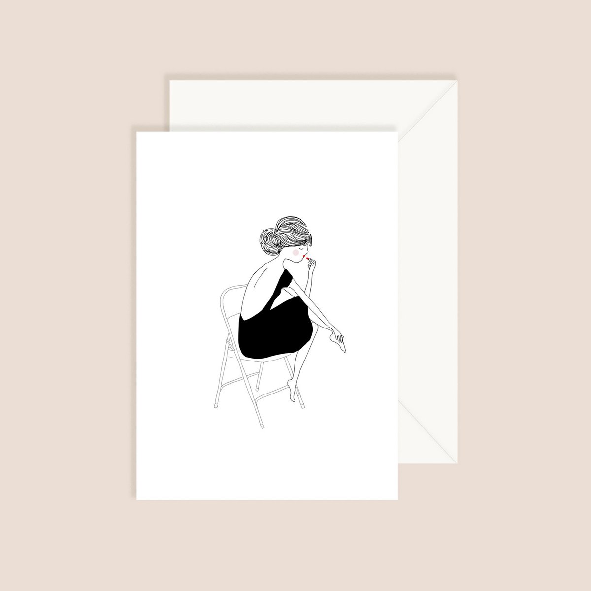 Card Barbara - Fine Lines Mujer Sentada Vestido Negro Espalda Abierta Pintalabios