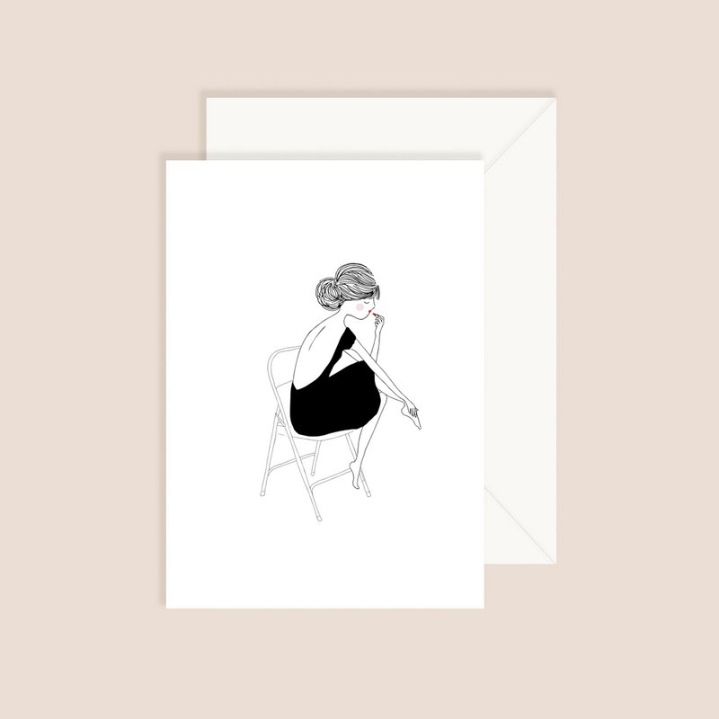Card Barbara - Fine Lines Zittende vrouw Zwarte jurk Open rug Lipstick
