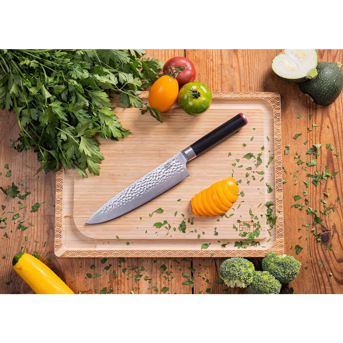 Knife - Gyuto (chef knife) with bamboo Saya and bamboo box - 200 mm blade