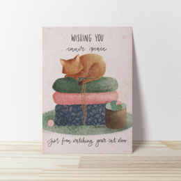  A greeting card featuring a sleeping cat on a stack of colorful cushions, with the text "Wishing you sweet dreams" and "Cats are sleeping with us too".