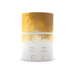 Vegan protein superfood mix in a white and gold container, containing a blend of plant-based ingredients for muscle support.