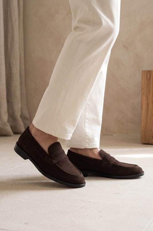 EMILIA CHOCOLATE – Penny Loafers aus Wildleder VORBESTELLUNG