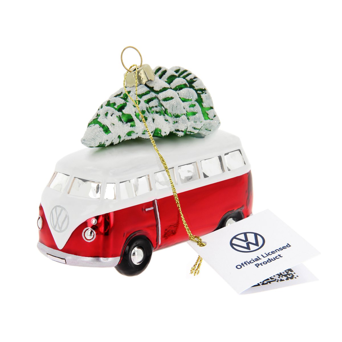 Volkswagen VW T1 Bus Glasdekoration/Weihnachtsschmuck in Geschenkbox – Rot mit Baum