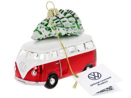  Red Volkswagen Beetle glass ornament with gold accents, perfect for Christmas or year-round decoration.