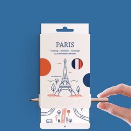 Colorful Paris-themed coloring journal with Eiffel Tower, French flag, and other iconic Parisian symbols.