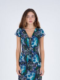 Blauwe lotusbloemprint en kanten top