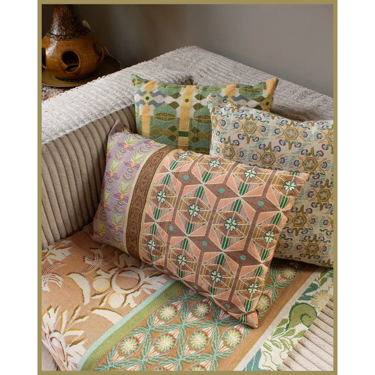 NIN-NIT | Nouveau Naturel Blanket | plaid | woven blanket | bedspread | 100% woven cotton | Flowers, leaves and nature print | beige | white | sand | green | blue | multicolor | 220x160 cm