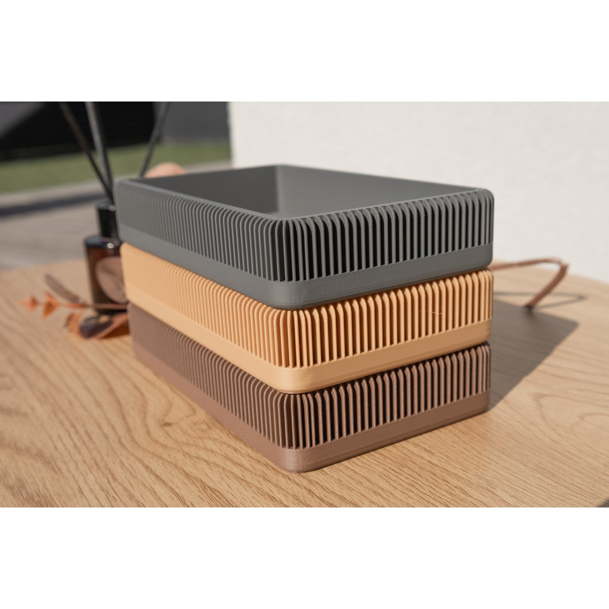 Modern Ribbed Square Organizer in Earthy Tones – Minimalist Desk, Vanity, or Home Storage Solution, Minimalist Modern Office Design Decor