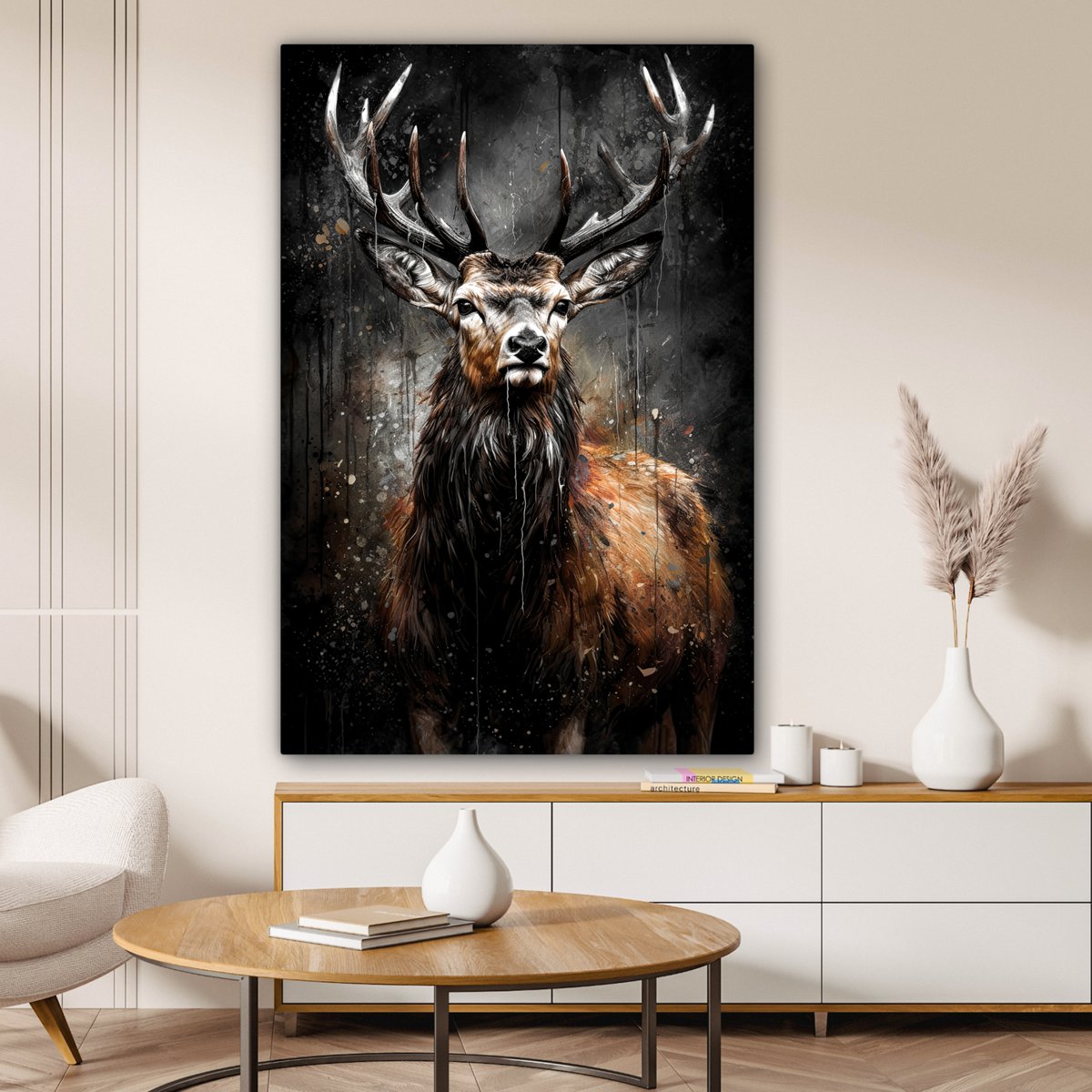 Leinwand Malerei - Wanddekoration Hert - Schwarz - Tier - Hirschbett - Wanddekoration Wohnzimmer - Schlafzimmer Dekoration - Raumzubehör - Leinwand Gemälde