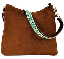 Suede shoulder bag in cognac color with mint and ivory strap, featuring a beaded accent strap.