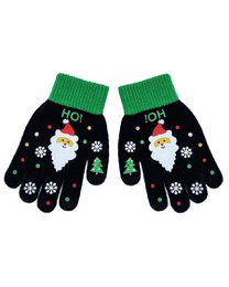 Black gloves with Santa Claus and snowflake designs, suitable for kids. The gloves have a green trim and are made of a warm, knitted material.