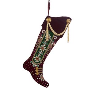 FABR.EMBR.JEWEL SWAG STOCKING BURG/GRN 62CM THETEL