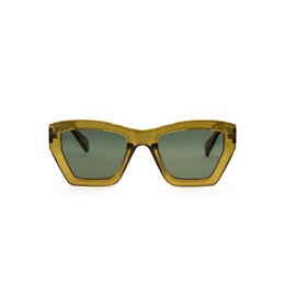  Olive green cat-eye sunglasses with a bold, angular frame design.