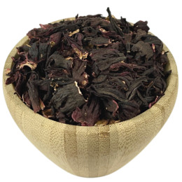 Organic Hibiscus Flowers in Bulk - Dried hibiscus flowers in various sizes, perfect for seasoning, tea, and more. Certified organic.
The image shows a bowl filled with dried, reddish-brown hibiscus flowers. The flowers appear to be whole and intact, with a natural, rustic appearance. The product is described as "Organic Hibiscus Flowers in Bulk" and is categorized as a seasoning. The available product variants range from 50g to 10kg. The image also includes the organic certification logo, indicating that the product is certified organic.