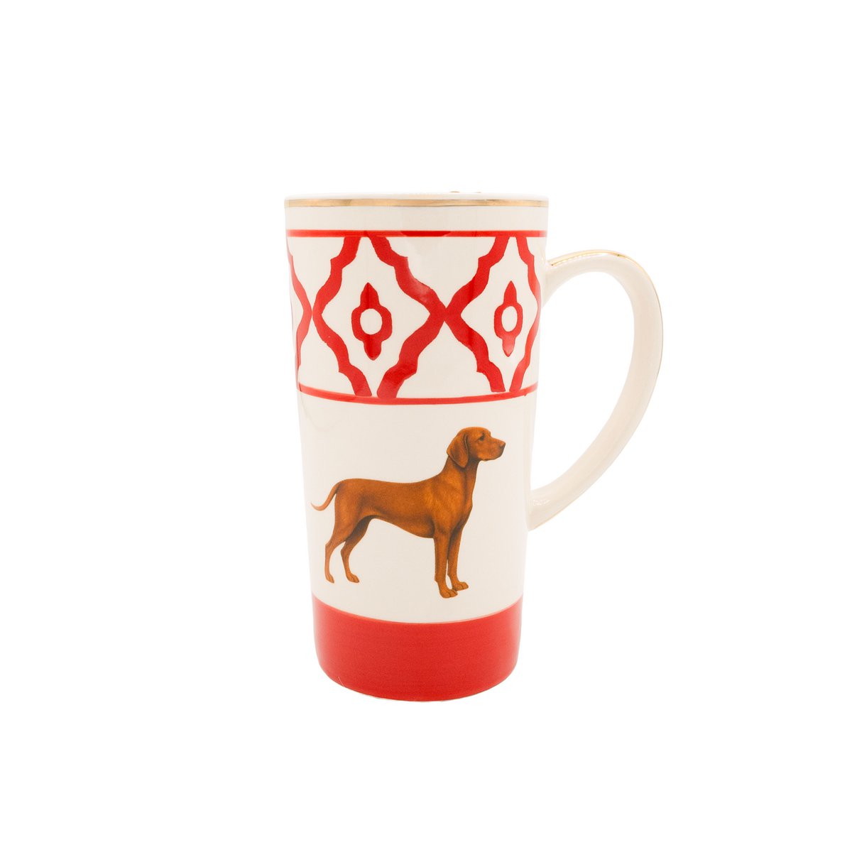 Taza de té modelo Vizsla de cerámica pintada a mano con motivo Vizsla, borde dorado y mango bañado en oro, 250 ml. Contenido de la taza disponible en rojo, verde y azul. Copiar