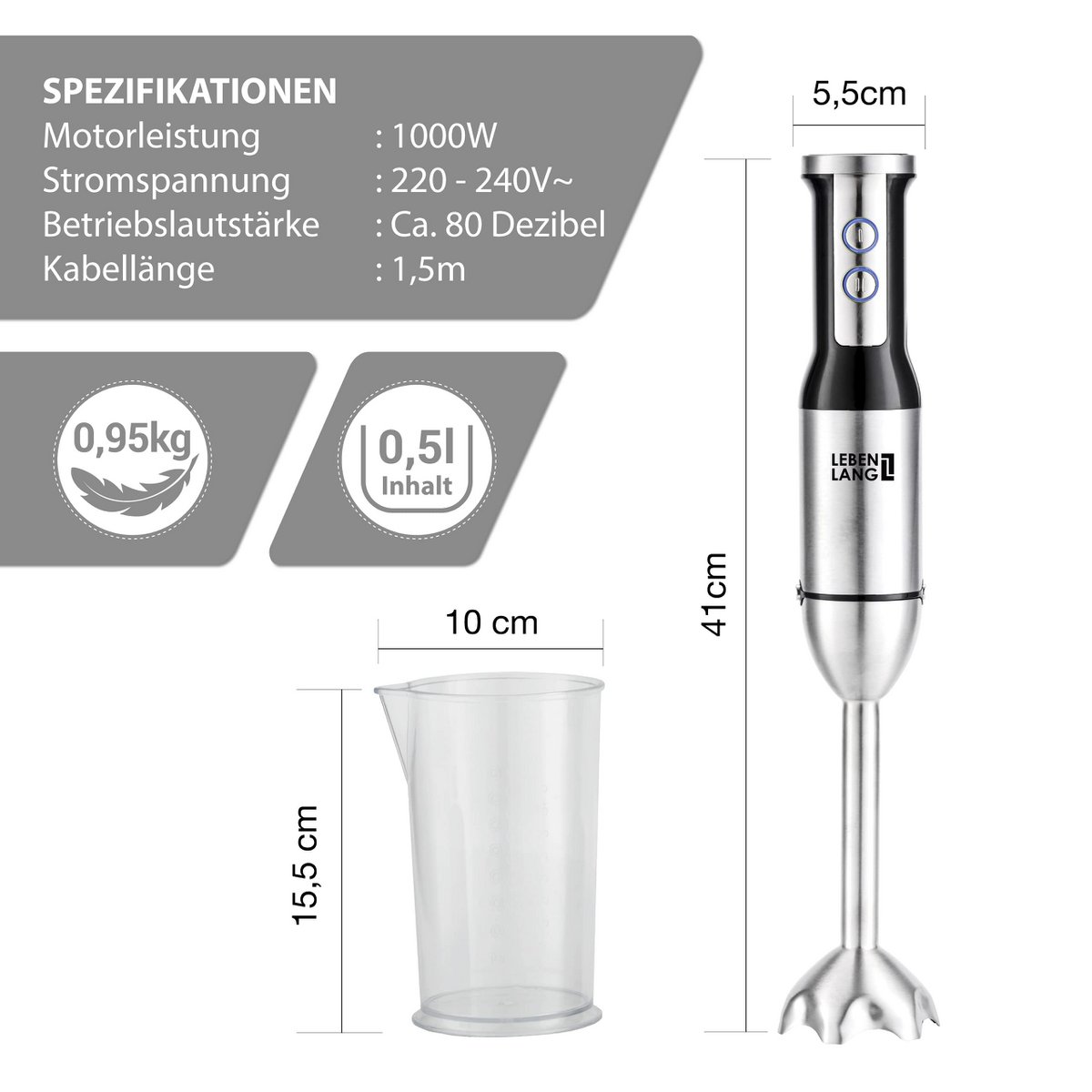 LIFETIME 1000W staafmixer roestvrij staal - met spatbescherming en 8 niveaus plus turbo | Hoogwaardige roestvrijstalen blender en blender | Keukenstokje | Staafmixer roerstaafje - mixer 1000 watt