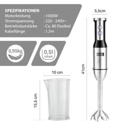 LIFETIME 1000W hand blender stainless steel - with splash guard and 8 levels plus turbo | High-quality stainless steel blender and blender | Kitchen Wand | Hand blender stirring rod stick - mixer 1000 watts