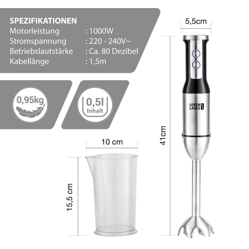 LIFETIME 1000W hand blender stainless steel - with splash guard and 8 levels plus turbo | High-quality stainless steel blender and blender | Kitchen Wand | Hand blender stirring rod stick - mixer 1000 watts