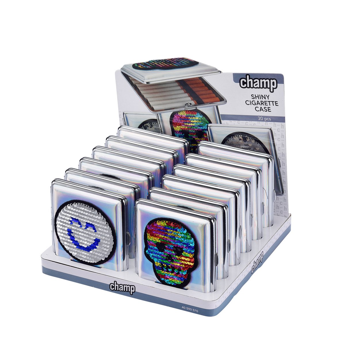 Sigarettendoosje met pailletten x12: Smiley en Schedel