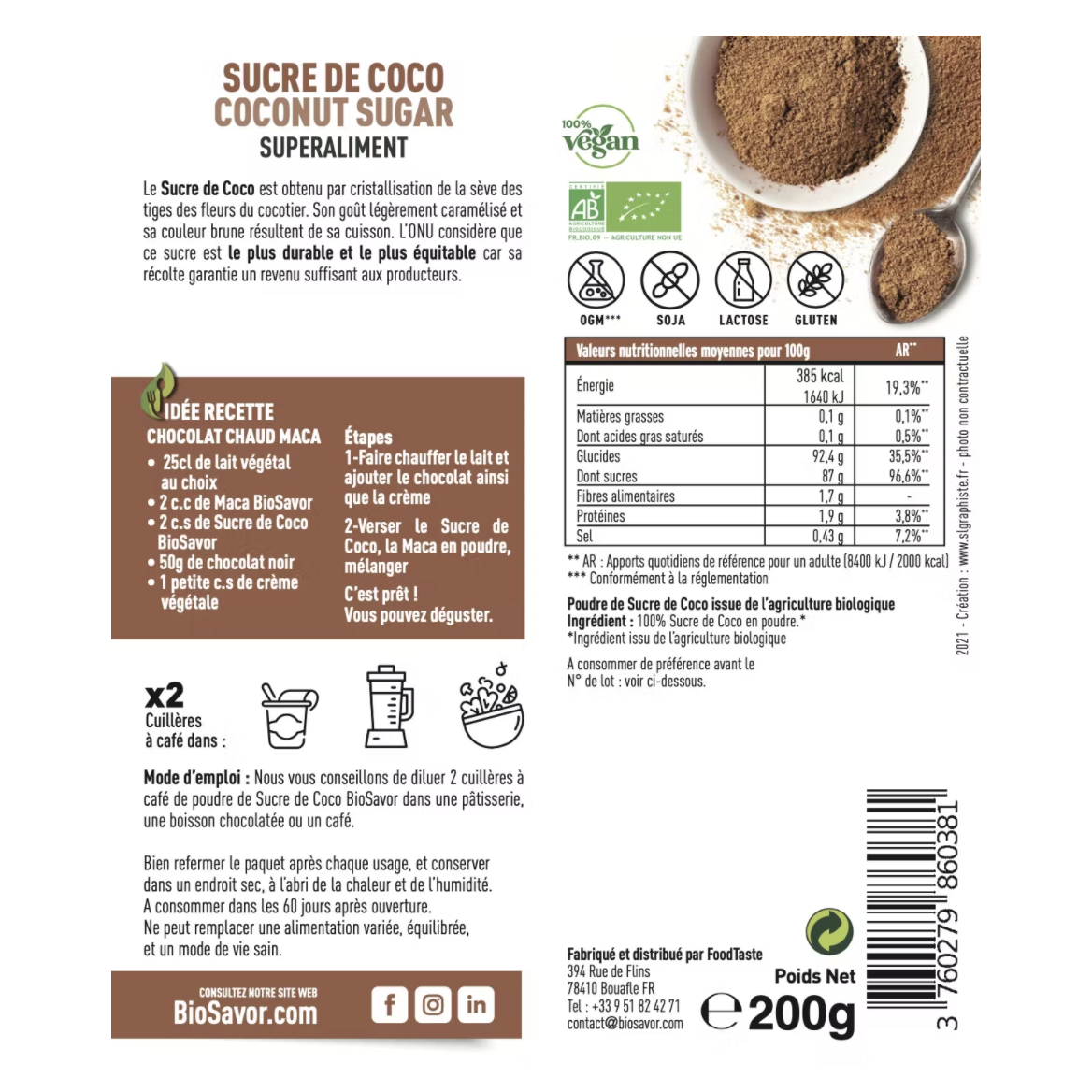 SUCRE DE COCO EN POUDRE - 200G - COMPLÉMENT ALIMENTAIRE