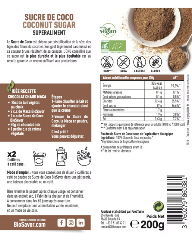 SUCRE DE COCO EN POUDRE - 200G - KOMPLÉMENT ALIMENTAIRE