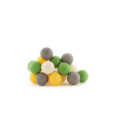 Outdoor string lights with colorful decorative balls, croissants, and fresh strawberries on a cozy blanket. The image suggests a relaxing, outdoor picnic or gathering with a variety of textures and colors.