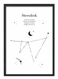 Zodiac sign poster featuring the Capricorn constellation in a minimalist black and white design. Available in A3 and A4 sizes.