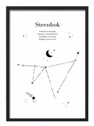 Zodiac sign poster featuring the Capricorn constellation in a minimalist black and white design. Available in A3 and A4 sizes.