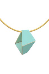 A folded, short necklace with a geometric, triangular pendant in various pastel and metallic colors including dark grey, magenta, light blue, turquoise, moss green, light pink, and gold.