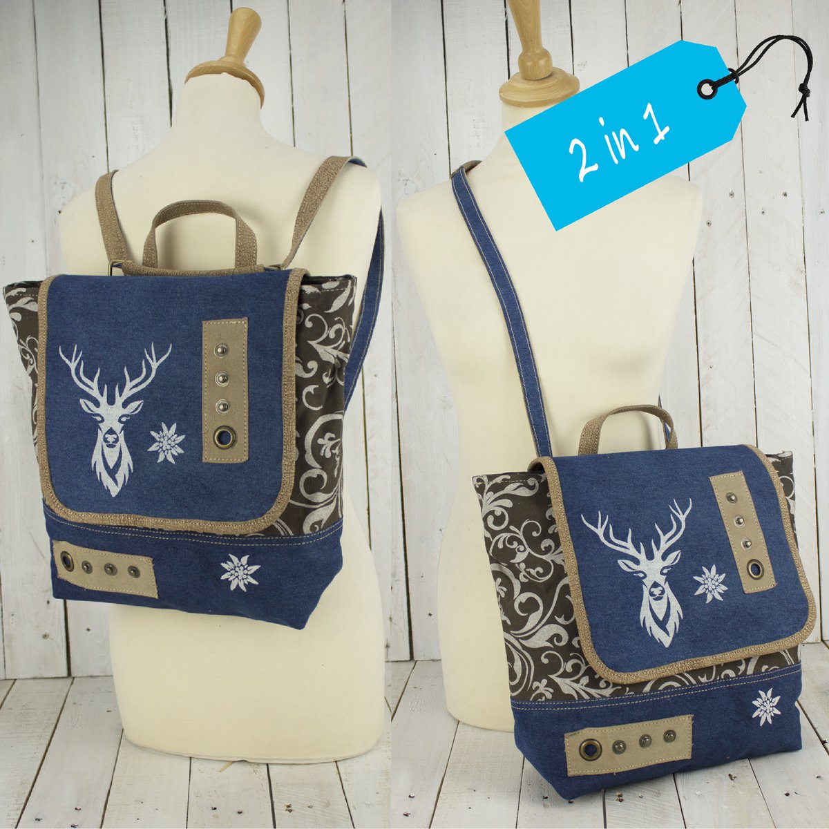 Domelo traditionele rugzak/schoudertas voor meisjes. Rugzak gemaakt van upcycled jeans en canvas met een hertenmotief
