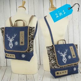 Domelo Trachten Rucksack/ Umhängetasche für Mädchen. Backpack aus Jeansstoff und Canvas mit Reh-Motiv