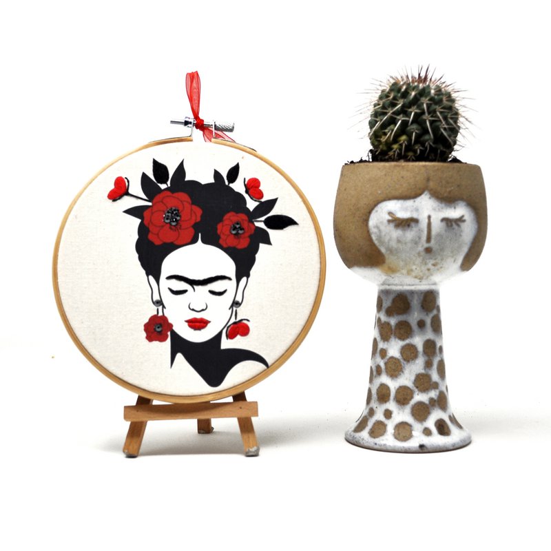 Handmade Embroidery Hoop Wall Art - Frida Khalo Portrait - Textile Wall Decoration (10/15cm)