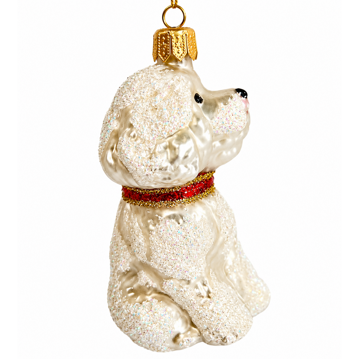 Glazen luxe kerstbal, ornament wit hondje made in Poland