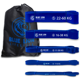 The product is a set of resistance bands for fitness and exercise. The description should include the following details:
Colors: Blue
Materials: Rubber
Style: Resistance bands
Shape: Flat, long bands
Includes: 5 resistance bands of varying strengths (22-60 kg, 16-38 kg, 11-30 kg)
Comes with a carrying bag