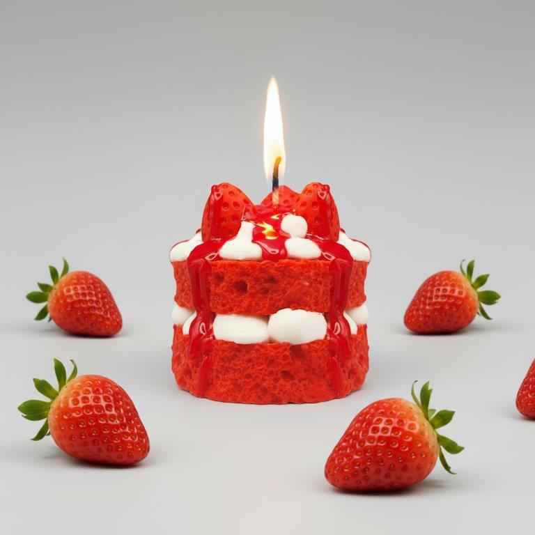 LAVURI® RED Velvet Strawberry cake with whipped cream and fruit as a topping on a red, fluffy cake base – a gourmet dessert candle made from 100% soy wax
