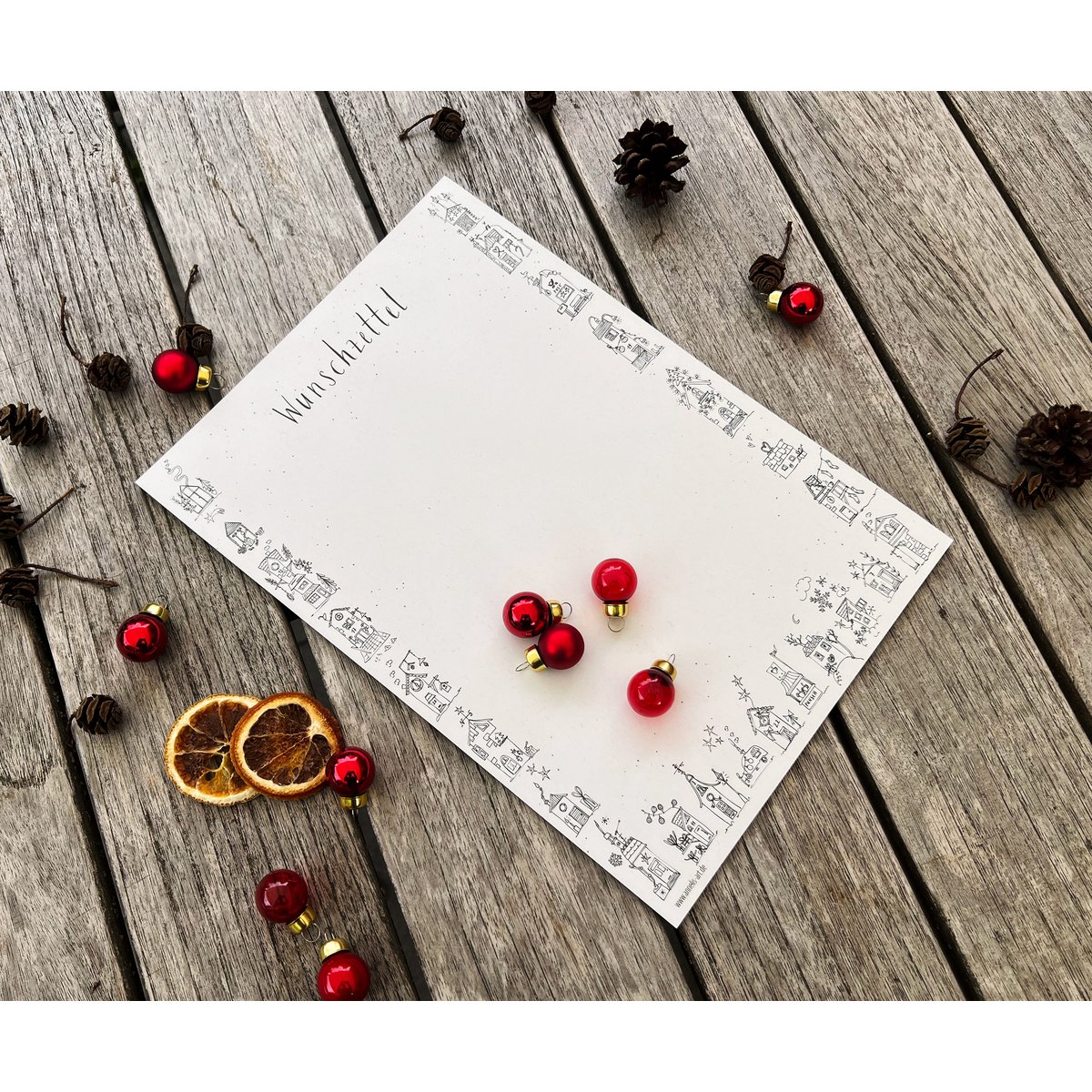 Verlanglijstpapier | Din A4 | 25 vellen, ongevoerd | "Verlanglijst & winterhuisjes" | Kerstpost