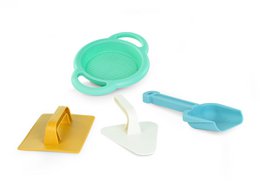 Outdoor Eco - Sand play set, a colorful and eco-friendly sand play set with a green sifter, a yellow shovel, and a blue scoop.