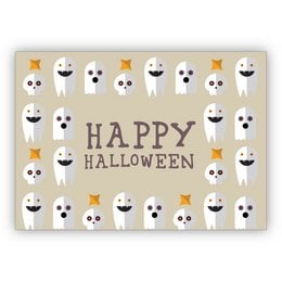 A Halloween greeting card with a repeating pattern of cute ghost illustrations and the text "Happy Halloween" in the center.