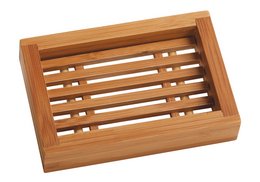 Rectangular bamboo soap dish with slatted design.