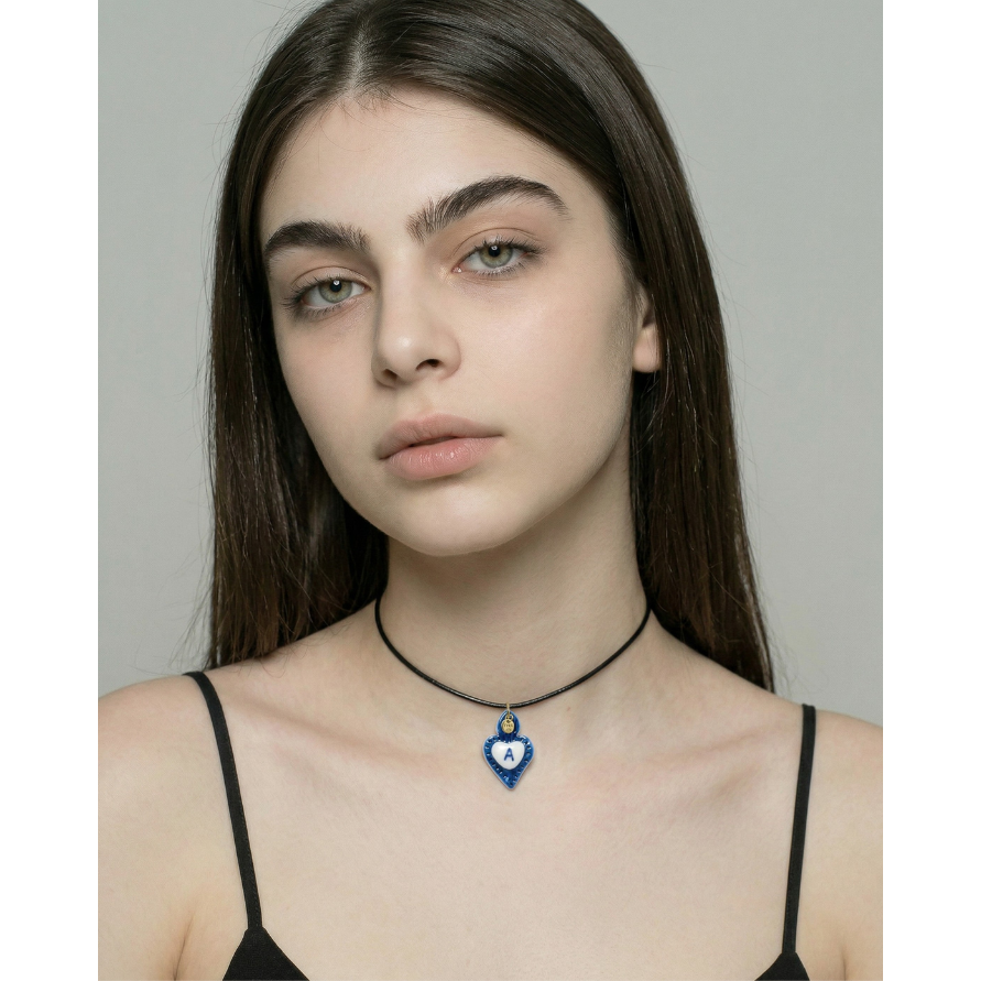 Breloques - Pendentif Coeur Bleu en Porcelaine - Lettre A