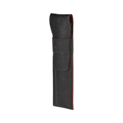 K0028AB | Pen case in genuine full grain leather, dollar grain - Black color with red edges - Dimensions: 4.5 x 16.5 x 1 cm - Packaging: Bottom/lid gift box