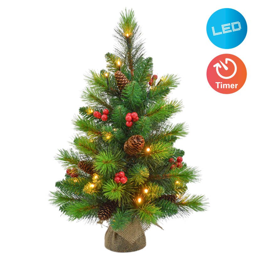 Arbre de Noël LED avec des baies et des pommes de pin - H: 45 cm
